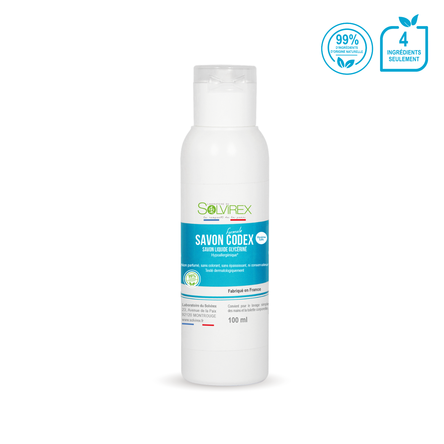 Savon liquide glycériné formule Codex (Hypoallergénique) - 100 ml