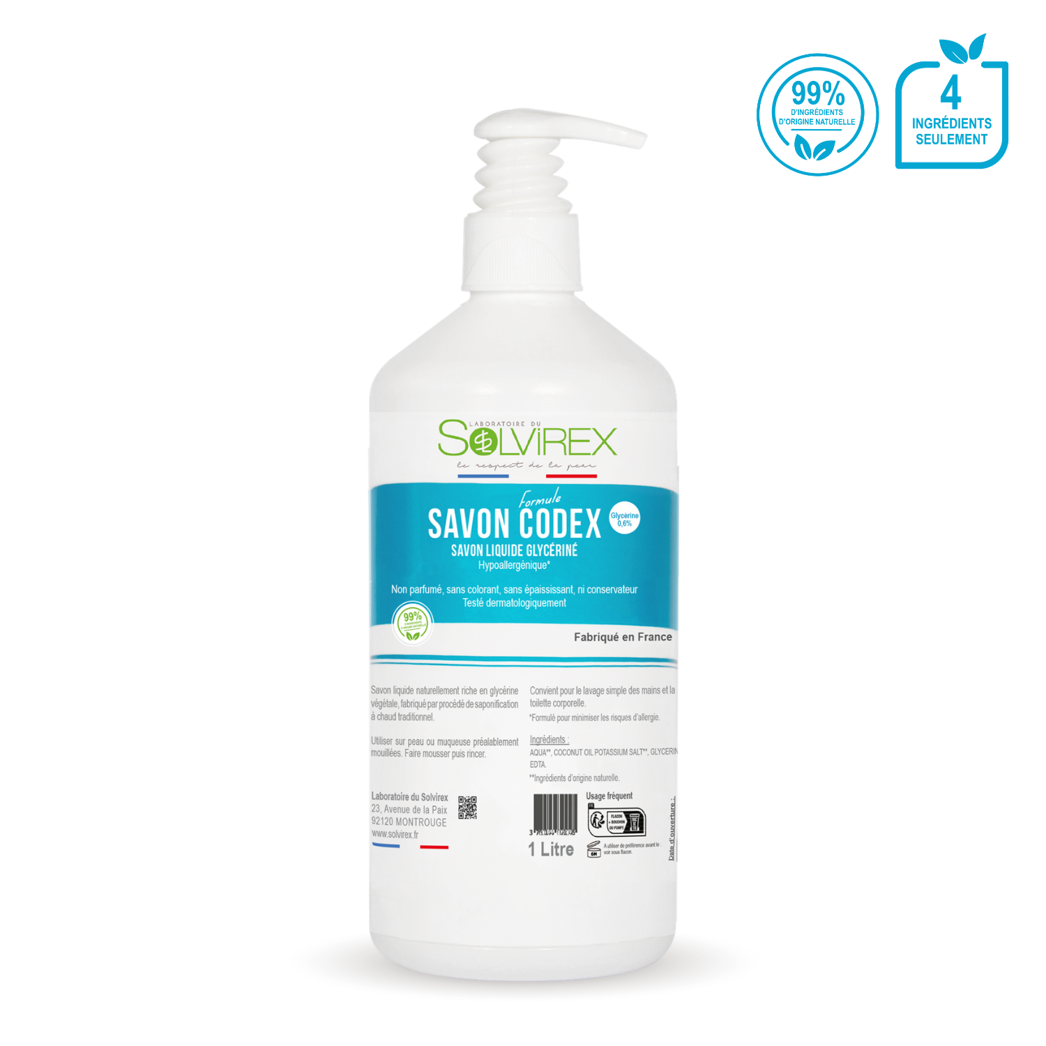 Savon liquide glycériné formule Codex (Hypoallergénique) - 1L