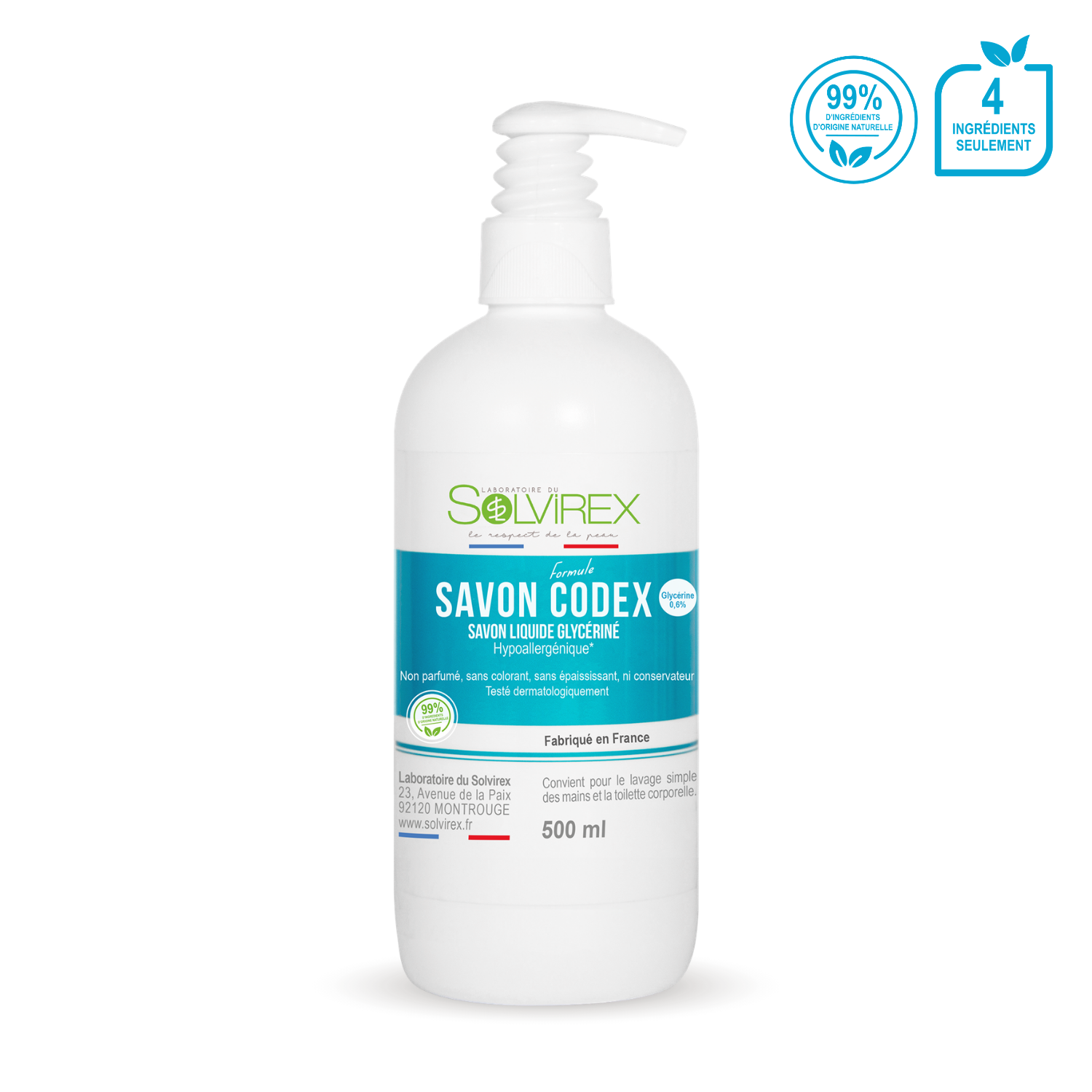 Savon liquide glycériné formule Codex (Hypoallergénique)  - 500 ml PI