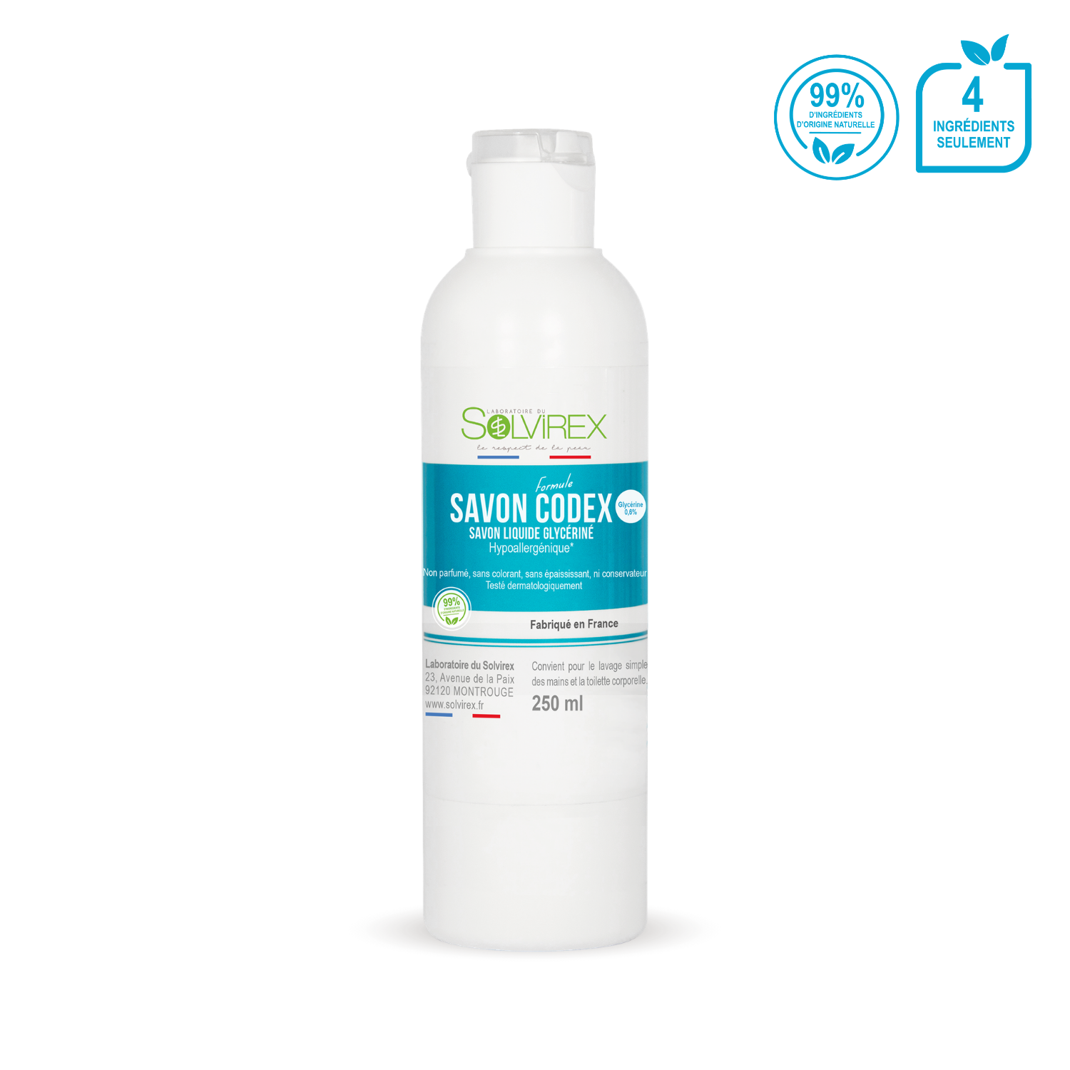 Savon liquide glycériné formule Codex (Hypoallergénique) - 250 ml