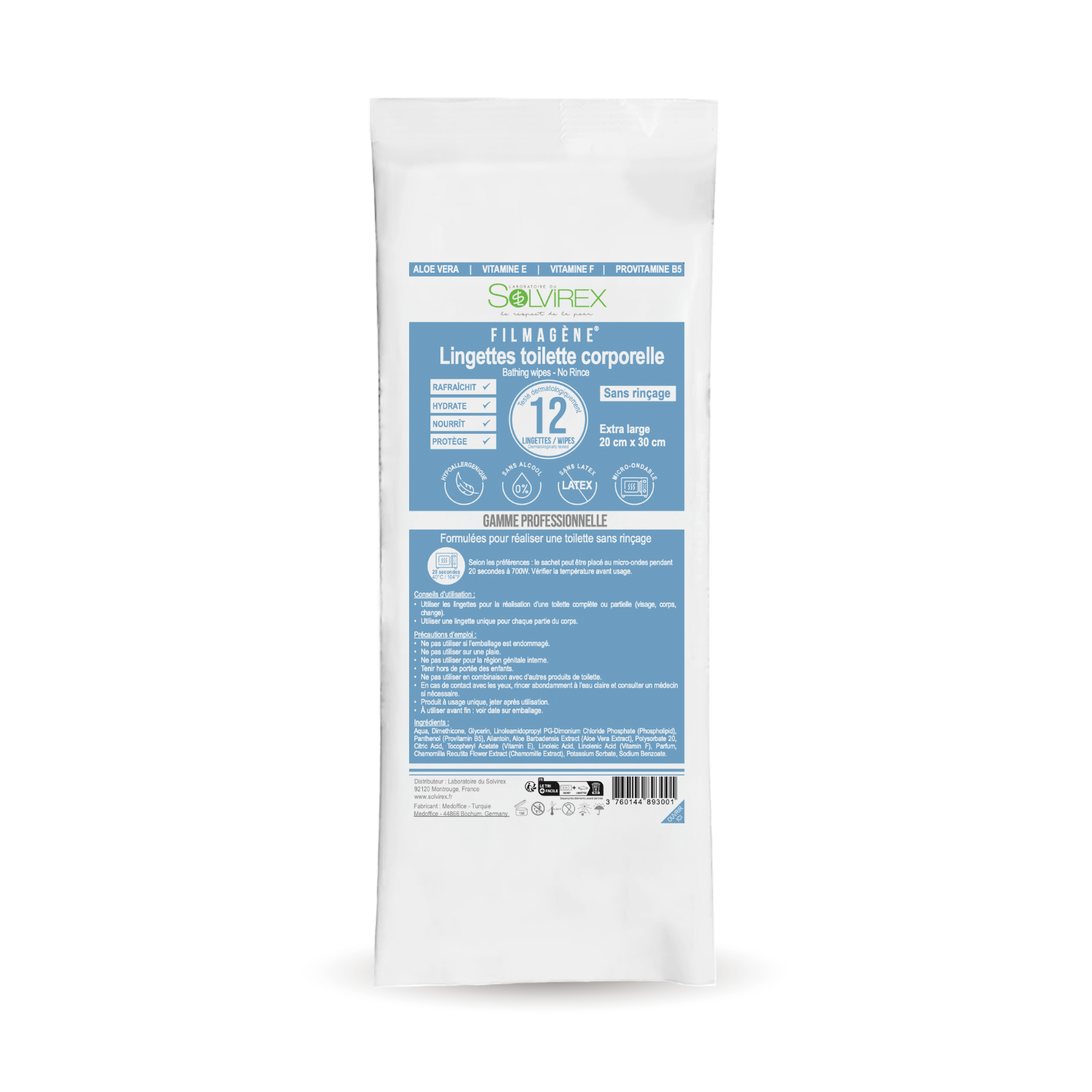 Lingettes toilette corporelle sans rinçage (12 lingettes)
