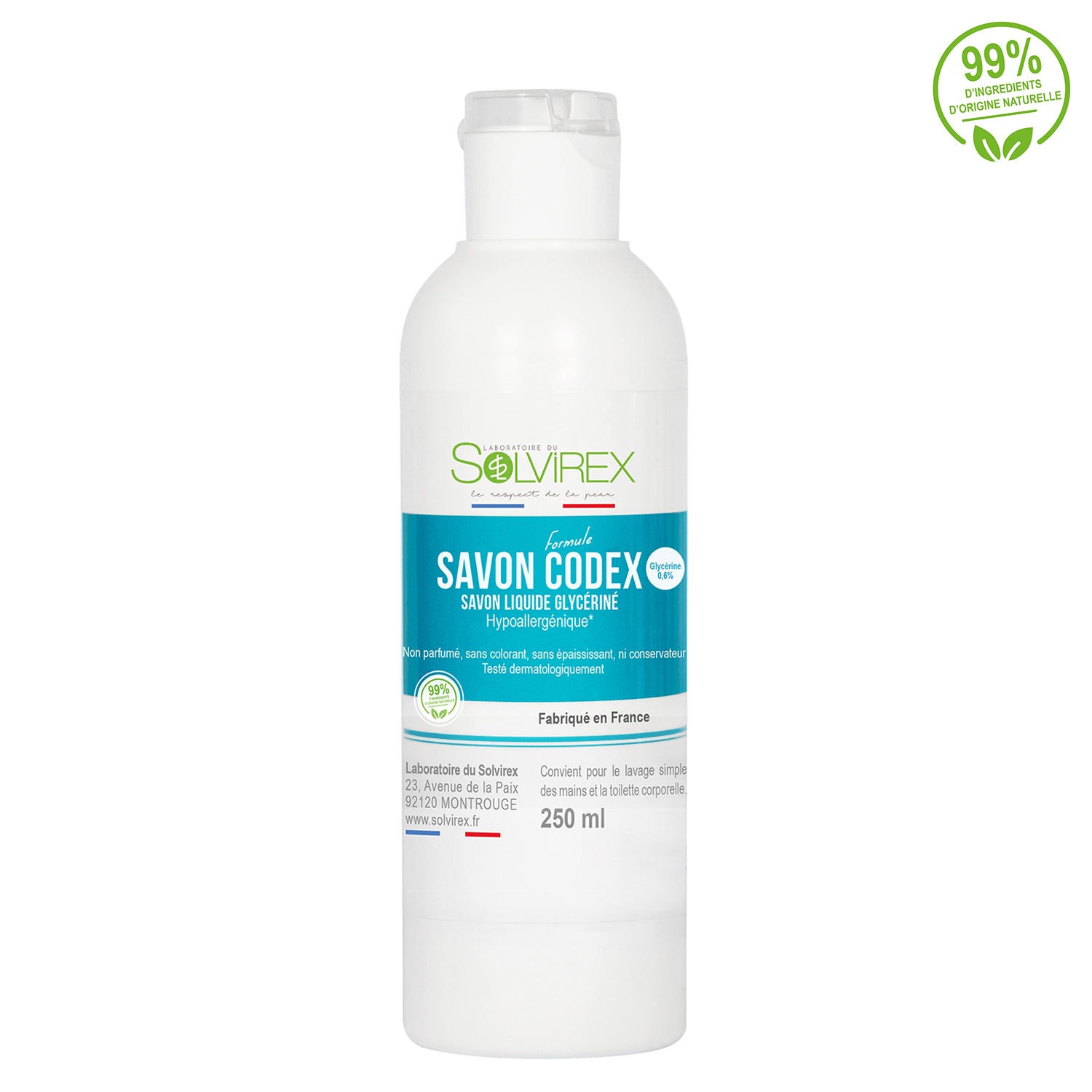 Savon liquide glycériné formule Codex (Hypoallergénique) - 250 ml