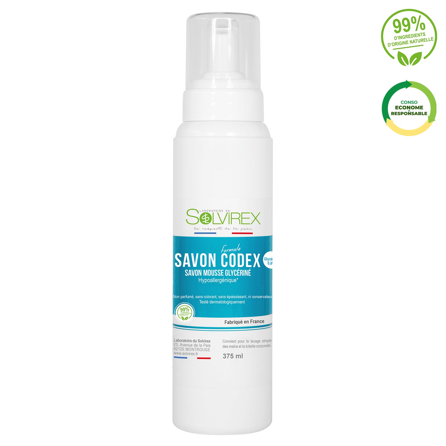 Savon mousse glycériné formule Codex (Hypoallergénique) - 375 ml
